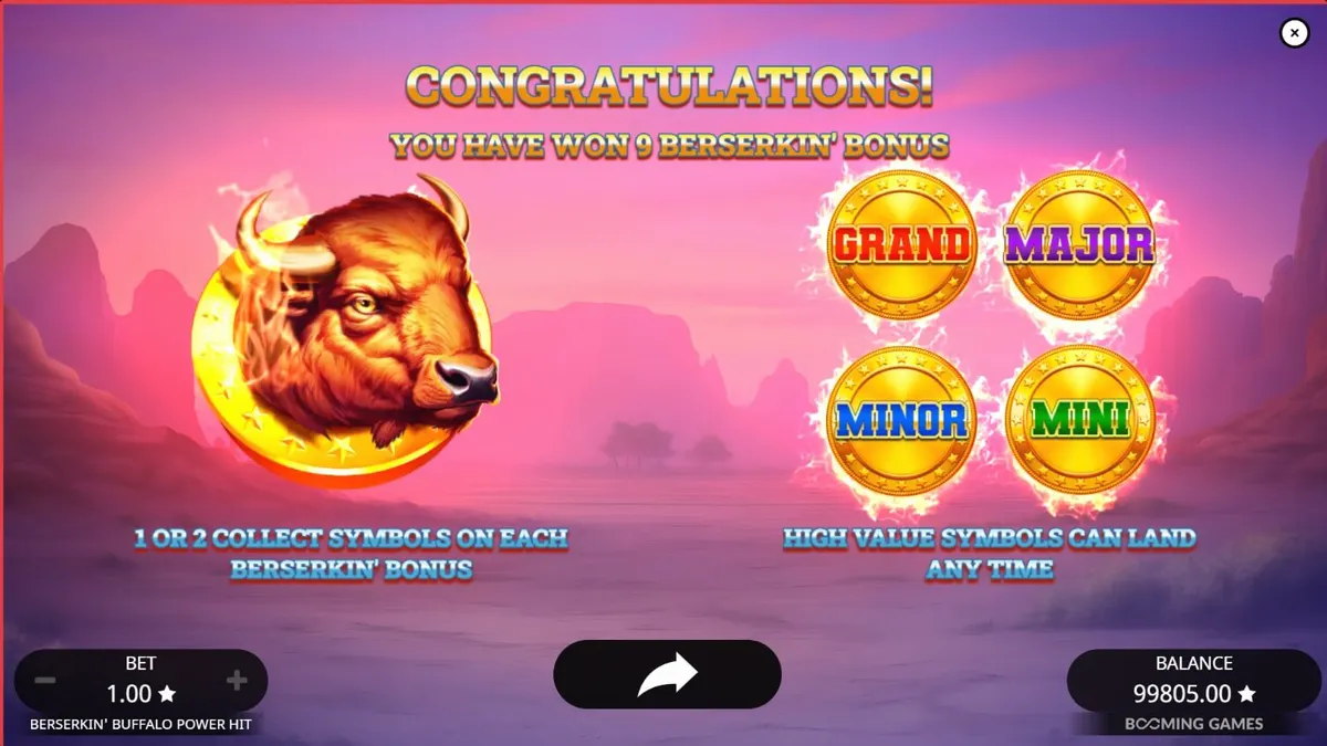 Beserkin’ Buffalo Power Hit slot game interface featuring wild animals and mystical symbols.
