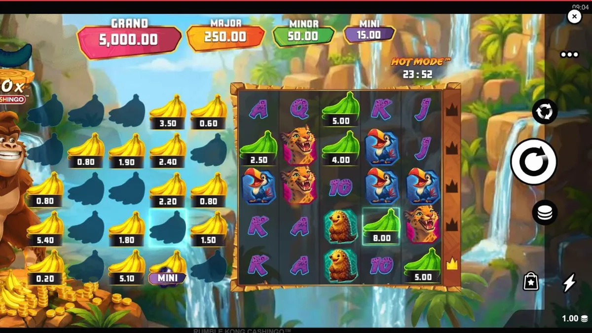 Rumble Kong Cashingo slot machine interface with neon city background